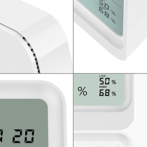 Digitales Thermo-Hygrometer, AngLink 16:9 LCD Breitbild Monitor Thermometer Hygrometer mit Datum und Uhrzeit, Luftfeuchtigkeitsmesser mit Magneten und Klappständer (Weiß) - 7