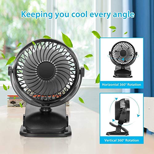 FITFIRST Tischventilator 5200mAh Batteriebetrieben Ultra Leise USB Ventilator 360 Grad Oszillierend Tragbarer Clip Fan 4 Geschwindigkeiten Wiederaufladbar Starker Wind Aroma Diffuser Funktion - 5