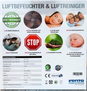 Technische Daten des Venta Luftwäschers auf der Verpackung